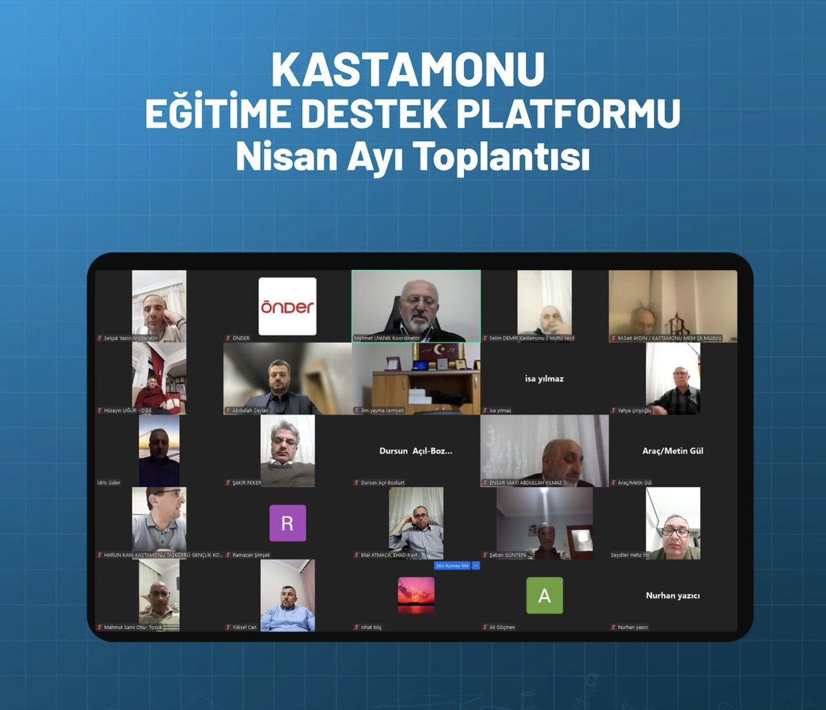 Kastamonu Eğitime Destek Platformu Toplantımızı, Platform Başkanı Mehmet Uyanık, kamu kurumlarımızın temsilcileri, imam hatip okul müdürlerimiz ve sivil toplum kuruluşlarımızın kıymetli temsilcilerinin katılımıyla çevrimiçi olarak gerçekleştirdik. 

Eğitim faaliyetleri hakkında