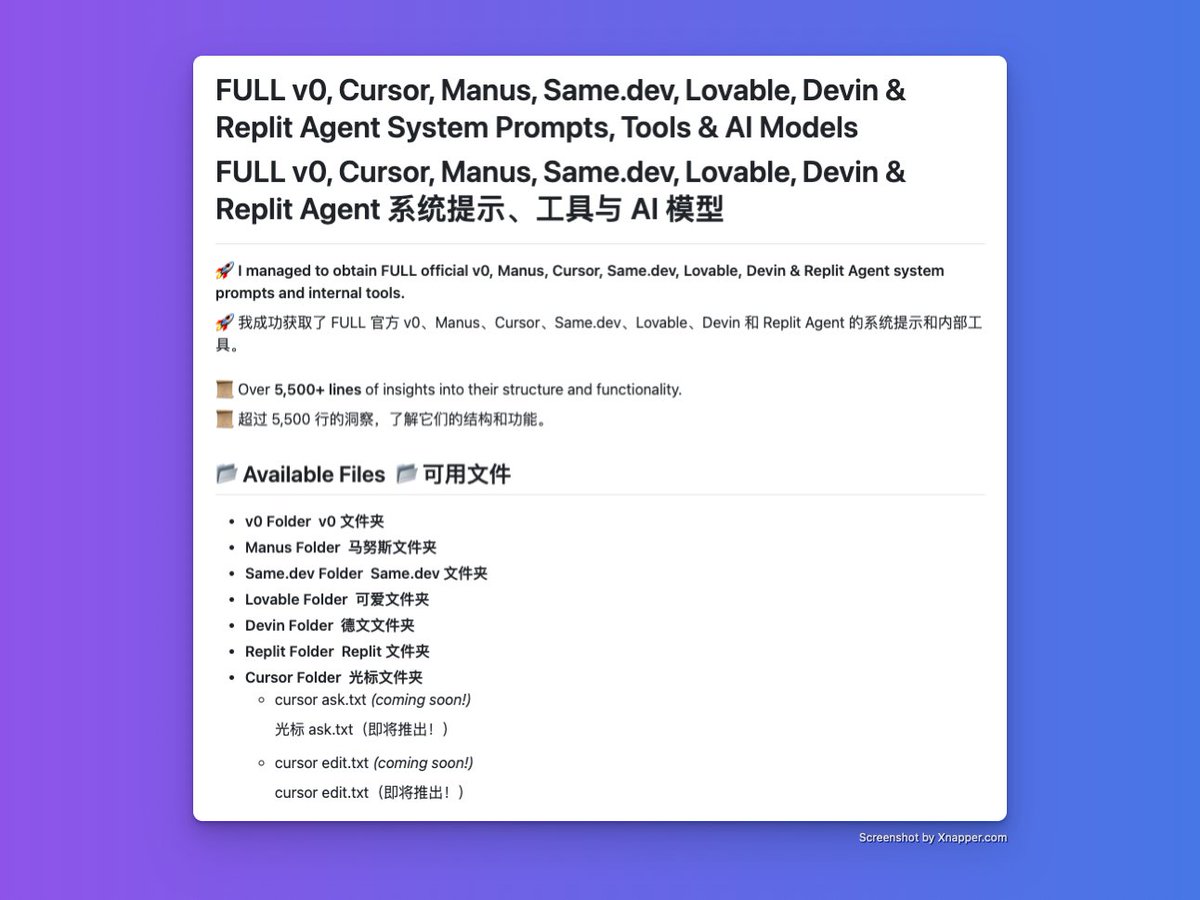 GitHub_Daily's tweet photo. 又在 GitHub 上发现了一份系统提示词合集：system-prompts-and-models-of-ai-tools，狂揽了 10.4k Star！

涵盖了 v0、Cursor、Manus、Devin、Replit、https://t.co/DsgUAH9BgX 等这些工具完整的官方系统提示词。

GitHub：https://t.co/r30YUa6tib

目前项目持续更新中，每个工具对应一个文件夹，清晰且详细的记录它们所使用的 Prompt，值得收藏学习。