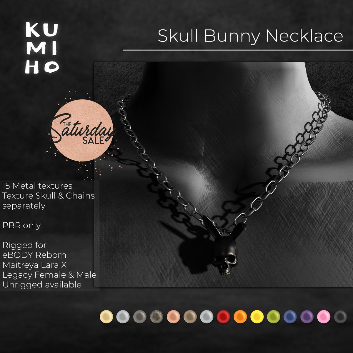 PinqFreese's tweet photo. NEW for TSS Skull Bunny Necklace for just 99L this weekend!
15 PBR only metals, rigged for Reborn, Legacy f/m, LaraX, unrigged sold separately.
LM: https://t.co/xpjsmAi1OF
#secondlife #kumihosl #tss https://t.co/zgzrDTuNIm
