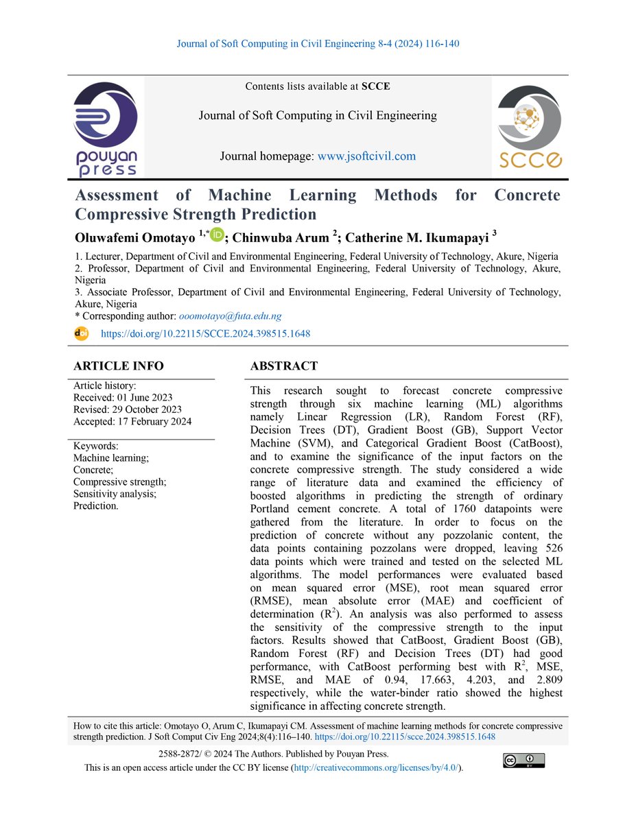 jsoftcivil's tweet photo. Assessment of Machine Learning Methods for Concrete Compressive Strength Prediction
by Oluwafemi O. Omotayo; Chinwuba Arum; Catherine M. Ikumapayi
https://t.co/xUJB3si5pj
#Machinelearning #Concrete #Compressive #strength #Sensitivity #analysis #Prediction
#PouyanPress https://t.co/APes7M1x3p