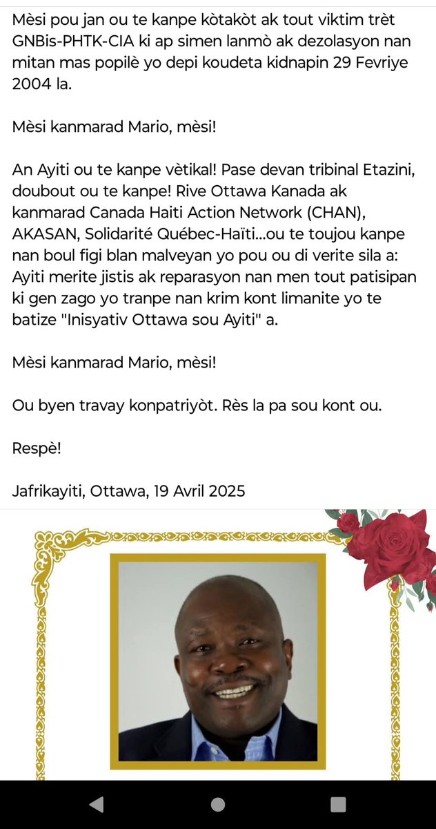 Jafrikayiti (@jafrikayiti) on Twitter photo Mèsi vanyan Mario Joseph! <a href="/SolQuebecHaiti/">Solidarité Québec-Haïti</a> <a href="/ErityeDesalin/">Eritye Papa Desalin</a> <a href="/manzechou/">Manzè CHOUBLAK</a> <a href="/Ezilidanto/">Èzili Dantò</a> <a href="/Ayibopost/">AyiboPost</a> <a href="/AcrossMediums/">Pina</a> <a href="/AlterPresse/">AlterPresse</a> <a href="/FlanboV/">Flanbo verite</a> <a href="/JeanJacquesDes7/">Jean Jacques Dessalines 🇭🇹🇵🇸🇳🇪🇲🇱🇧🇫🇨🇺</a> <a href="/Ayitipaobeyi/">Ayiti Senbòl Rezistans 🇭🇹</a> <a href="/mawonanndi/">Mawon Ann Di Èzli 🤴🏿✊🏿</a> <a href="/cheryjeanfils/">Jean Fils Chéry</a> <a href="/nouvelliste/">Le Nouvelliste</a> <a href="/rezo_nodwes/">RezoNòdwès</a> <a href="/BeltisJames/">James Beltis🇭🇹</a> <a href="/EtantDupain/">ED</a> <a href="/EDanticat/">Edwidge Danticat</a> <a href="/vavaayiti/">Vanessa Jeudi</a> <a href="/bastienkebert20/">Bastien Kebert Haiti</a> Mèsi vanyan Mario Joseph! <a href="/SolQuebecHaiti/">Solidarité Québec-Haïti</a> <a href="/ErityeDesalin/">Eritye Papa Desalin</a> <a href="/manzechou/">Manzè CHOUBLAK</a> <a href="/Ezilidanto/">Èzili Dantò</a> <a href="/Ayibopost/">AyiboPost</a> <a href="/AcrossMediums/">Pina</a> <a href="/AlterPresse/">AlterPresse</a> <a href="/FlanboV/">Flanbo verite</a> <a href="/JeanJacquesDes7/">Jean Jacques Dessalines 🇭🇹🇵🇸🇳🇪🇲🇱🇧🇫🇨🇺</a> <a href="/Ayitipaobeyi/">Ayiti Senbòl Rezistans 🇭🇹</a> <a href="/mawonanndi/">Mawon Ann Di Èzli 🤴🏿✊🏿</a> <a href="/cheryjeanfils/">Jean Fils Chéry</a> <a href="/nouvelliste/">Le Nouvelliste</a> <a href="/rezo_nodwes/">RezoNòdwès</a> <a href="/BeltisJames/">James Beltis🇭🇹</a> <a href="/EtantDupain/">ED</a> <a href="/EDanticat/">Edwidge Danticat</a> <a href="/vavaayiti/">Vanessa Jeudi</a> <a href="/bastienkebert20/">Bastien Kebert Haiti</a>