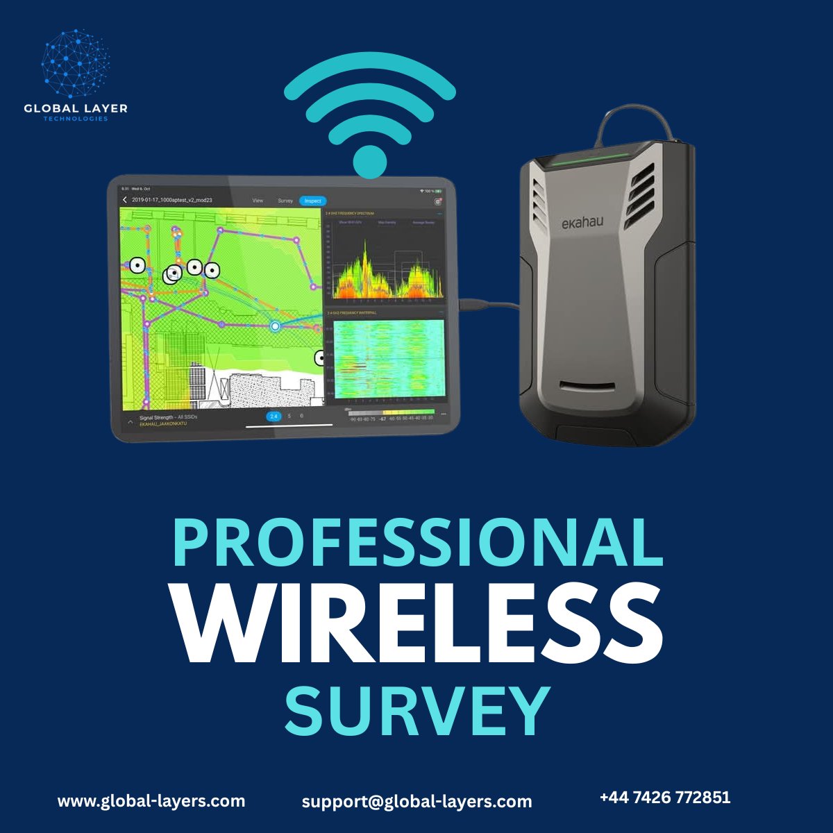 Global Layers Technologies  leverages tools like Ekahau to optimize wireless networks across the UK and EMEA—identifying weak spots and delivering smart solutions for strong, reliable coverage in enterprise and campus environments.