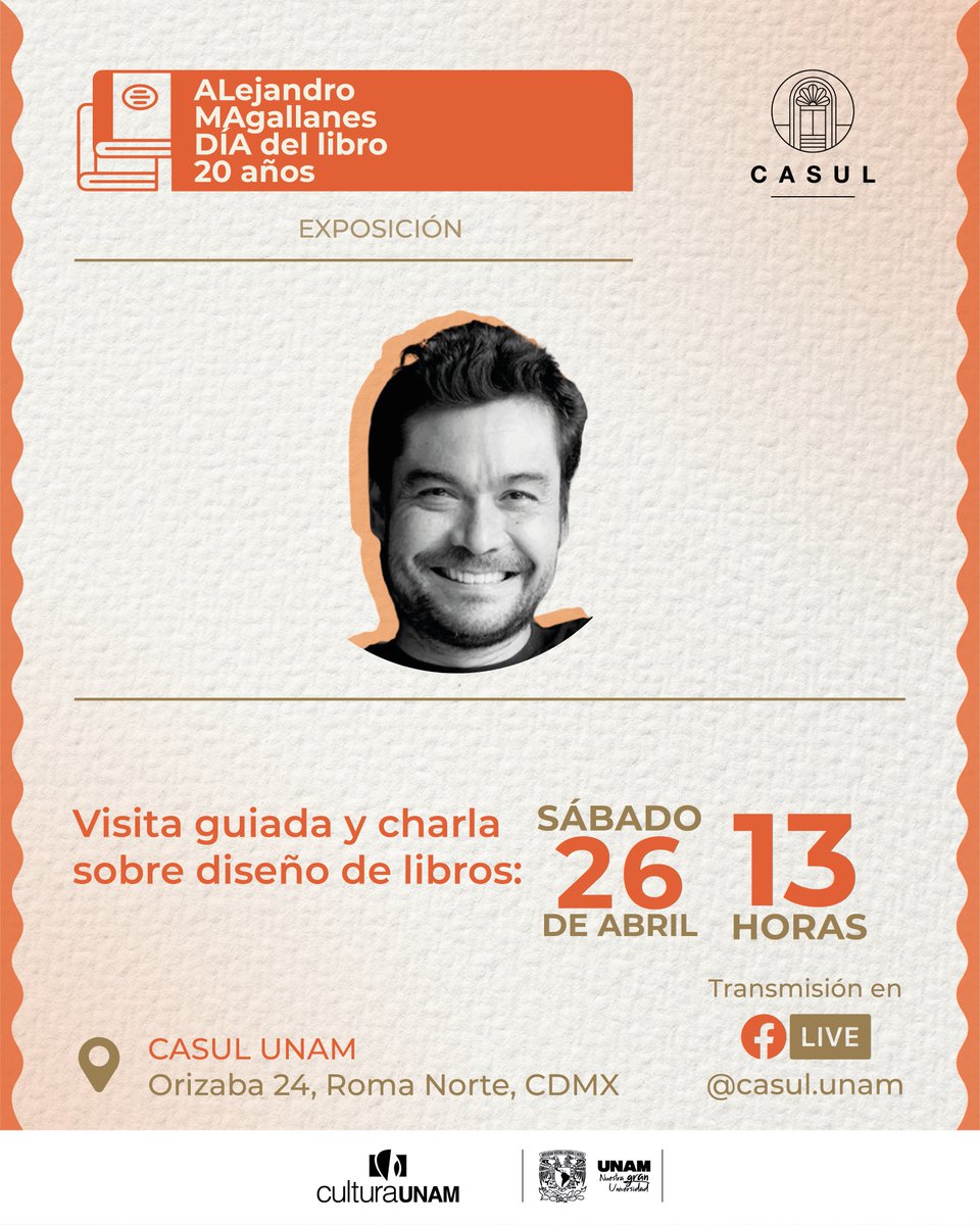 Si te interesan el diseño y la literatura, no te puedes perder la visita guiada por la exposición en CASUL de <a href="/Magallanes71/">Alejandro Magallanes</a> y la charla sobre diseño de libros. ¡Te esperamos! ✨📚

🗓️ 26 de abril, 13 h
📍 Orizaba 24, Roma Norte, #CDMX

#DíaDelLibro <a href="/Almadia_Edit/">Editorial Almadía</a> #CulturaUNAM