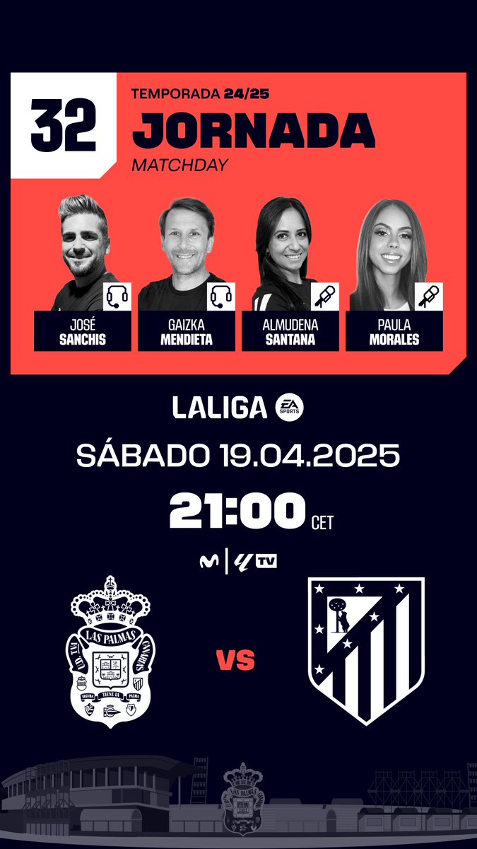 Gaizka Mendieta (@gaizkamendieta6) on Twitter photo 🗓️J32 <a href="/LaLiga/">LALIGA</a>
🏟️Estadio Gran Canaria
<a href="/UDLP_Oficial/">UD Las Palmas</a> 🆚 <a href="/Atleti/">Atlético de Madrid</a>
🎙️José Sanchis <a href="/_AlmuSantana/">Almudena Santana</a> Paula Morales
🕘 21:00
Previa 20.30 🍿📺
Los canarios a asegurar la permanencia, el Atleti a no descolgarse de la lucha por el título.
#InsideLALIGA #LasPalmasAtleti #LALIGAEASPORTS 🗓️J32 <a href="/LaLiga/">LALIGA</a>
🏟️Estadio Gran Canaria
<a href="/UDLP_Oficial/">UD Las Palmas</a> 🆚 <a href="/Atleti/">Atlético de Madrid</a>
🎙️José Sanchis <a href="/_AlmuSantana/">Almudena Santana</a> Paula Morales
🕘 21:00
Previa 20.30 🍿📺
Los canarios a asegurar la permanencia, el Atleti a no descolgarse de la lucha por el título.
#InsideLALIGA #LasPalmasAtleti #LALIGAEASPORTS