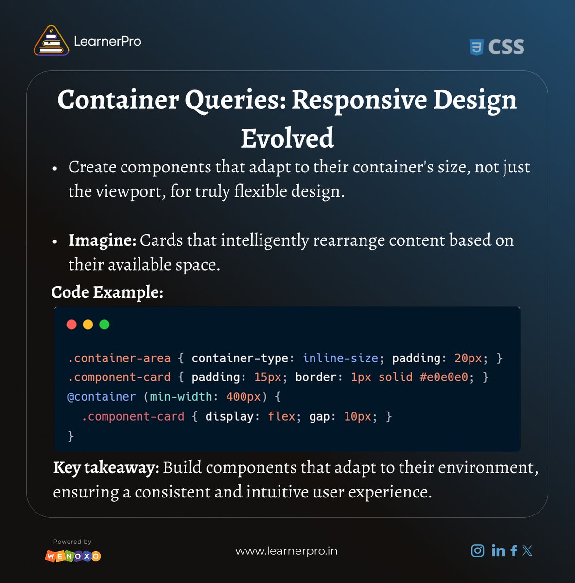 learnerPro2023's tweet image. Learn modern CSS helps you unlock powerful tools to build real-world, user-friendly web designs.
#moderncss #webdevelopment #frontenddevelopment #learnerpro #cssflexbox #cssgrid #cssanimations #mediaqueries #learnerpro #responsivewebdesign #webdesignskills #codingforbeginners