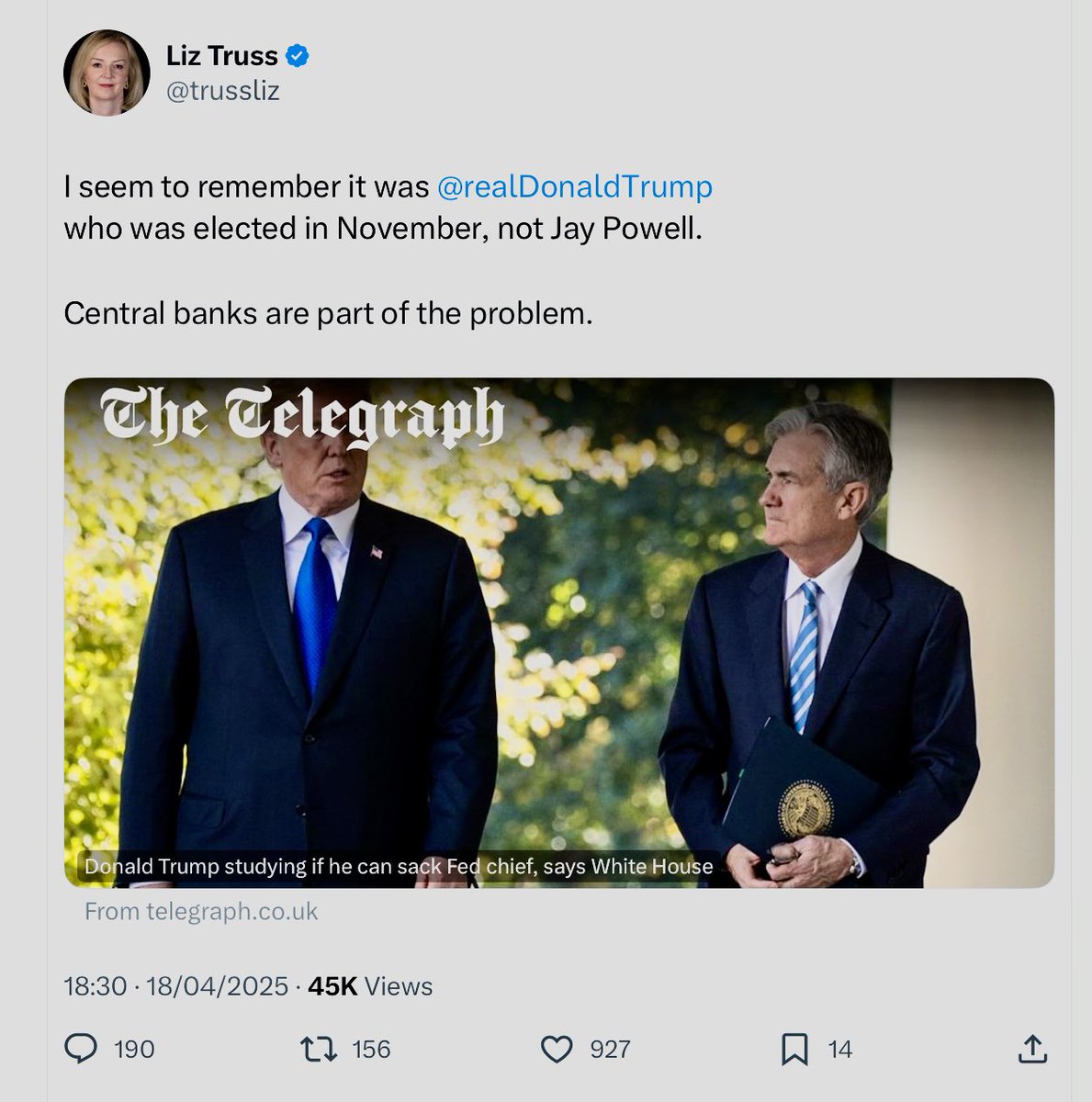 Extraordinary for a former Tory PM to disdain the role of institutions like this. The issue goes much wider than (desirably) insulating the conduct of monetary policy from electoral politics. On both sides of the Atlantic, modern conservatism has lost its philosophical bearings.