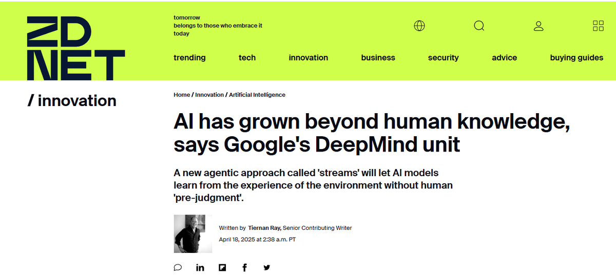 DeepMind's AI is beginning to generate knowledge that goes beyond the human horizon.

With the new “Streams” system, it no longer learns from us – but from the world itself.

No human data sets. No predefined categories.

The machine observes, experiments, abstracts.
This is more
