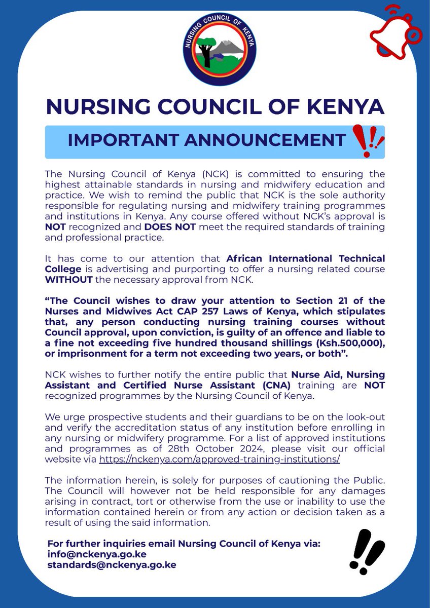 Nursing Council of Kenya (NCK) has stated that it does NOT recognize Nurse Aid, Nursing Assistants or Certified Nursing Assistants (CNA) training programs in Kenya.