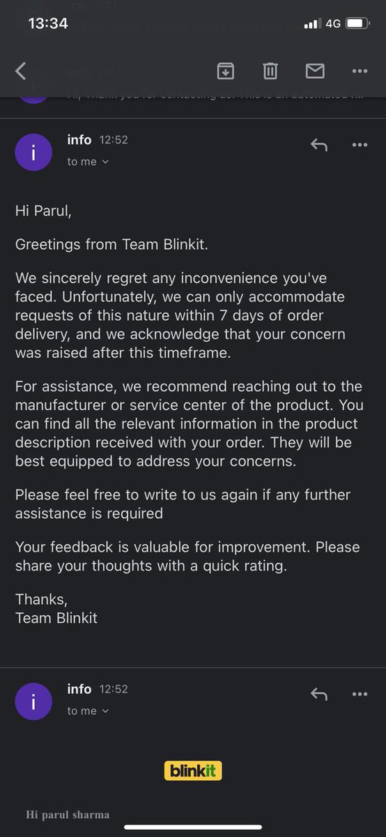 Dipti_S's tweet photo. @blinkitcares Product has stopped working in less than 30 days. How can you have a 7 day policy for complaints? I need a solution immediately @letsblinkit @amazonIN https://t.co/jvwfzGPuUh