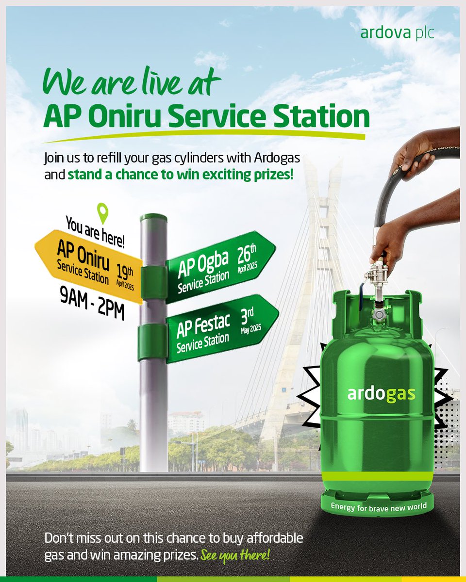 ardovaplc's tweet photo. Join Us Live at AP Oniru Service Station!

Refill your gas cylinders with Ardogas for a chance to win exciting prizes.
Don't miss out on affordable gas and amazing prizes. 

See you there 👋 https://t.co/EVJLy5O6KC