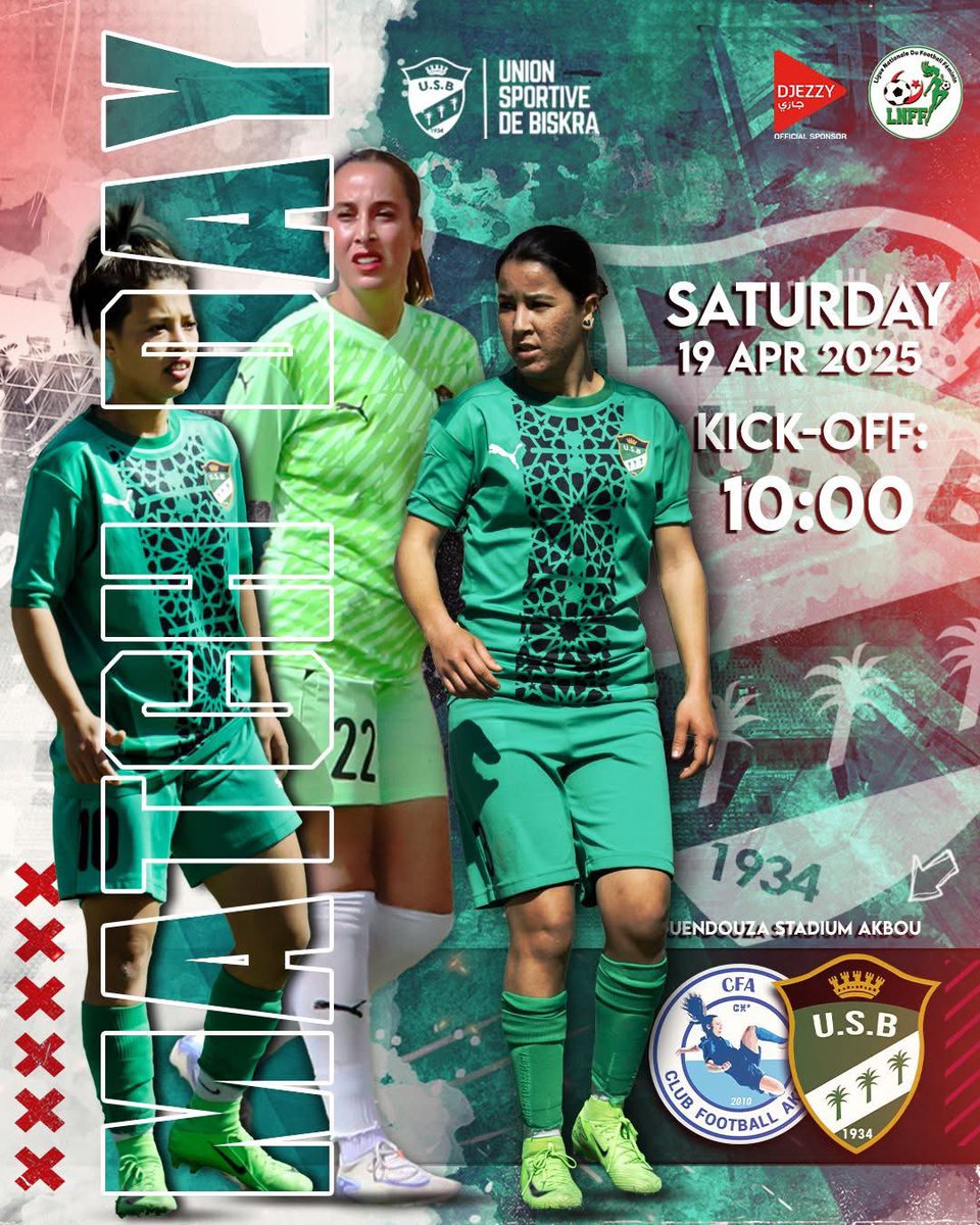 USBiskra_Fans's tweet photo. 👈|  كرة الكرة النسوية
🏆 | القسم الوطني الأول الجولة 18 
⚽ | نادي اقبو  𝙑𝙎  إتحاد بسكرة  
🗓️ | السبت 19 فريل 2025
🕗 |سا: 10.00 🇩🇿
🏟️ ملعب قندوزة اقبو
📱 | FIFA+

#CFAvsUSB | #TeamUSB 🌴 https://t.co/WwFkflsOdk