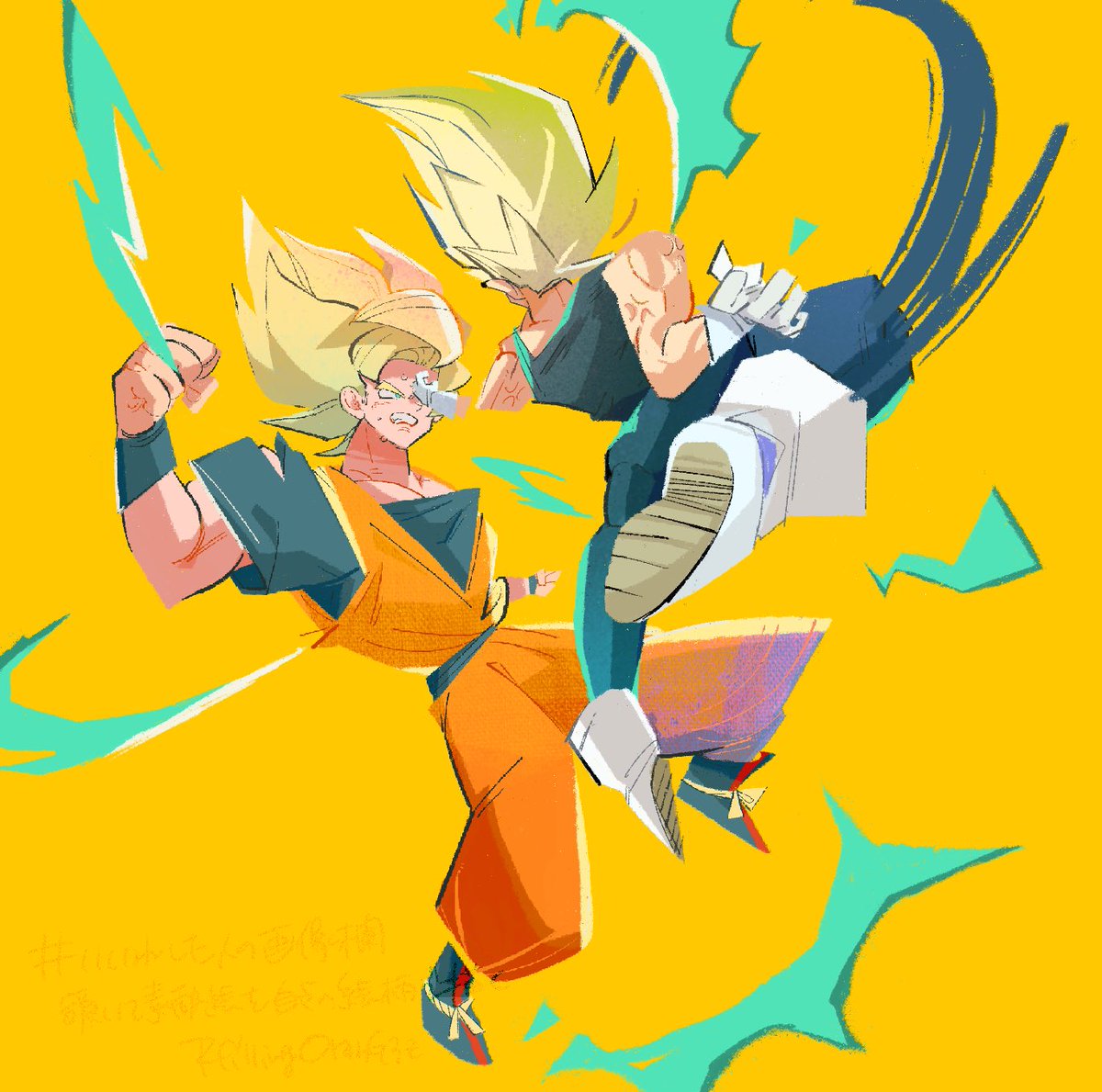 # いいねした人の画像欄覗いて素敵絵を自分の絵柄で描く
大分前の🏷️ですが😅😅ちまちまやっていこうかと😌
元絵のばちばち闘ってる彼らの姿とビタミンカラーが可愛らしくてめちゃ好きです☺️描いてて非常に楽しかったです