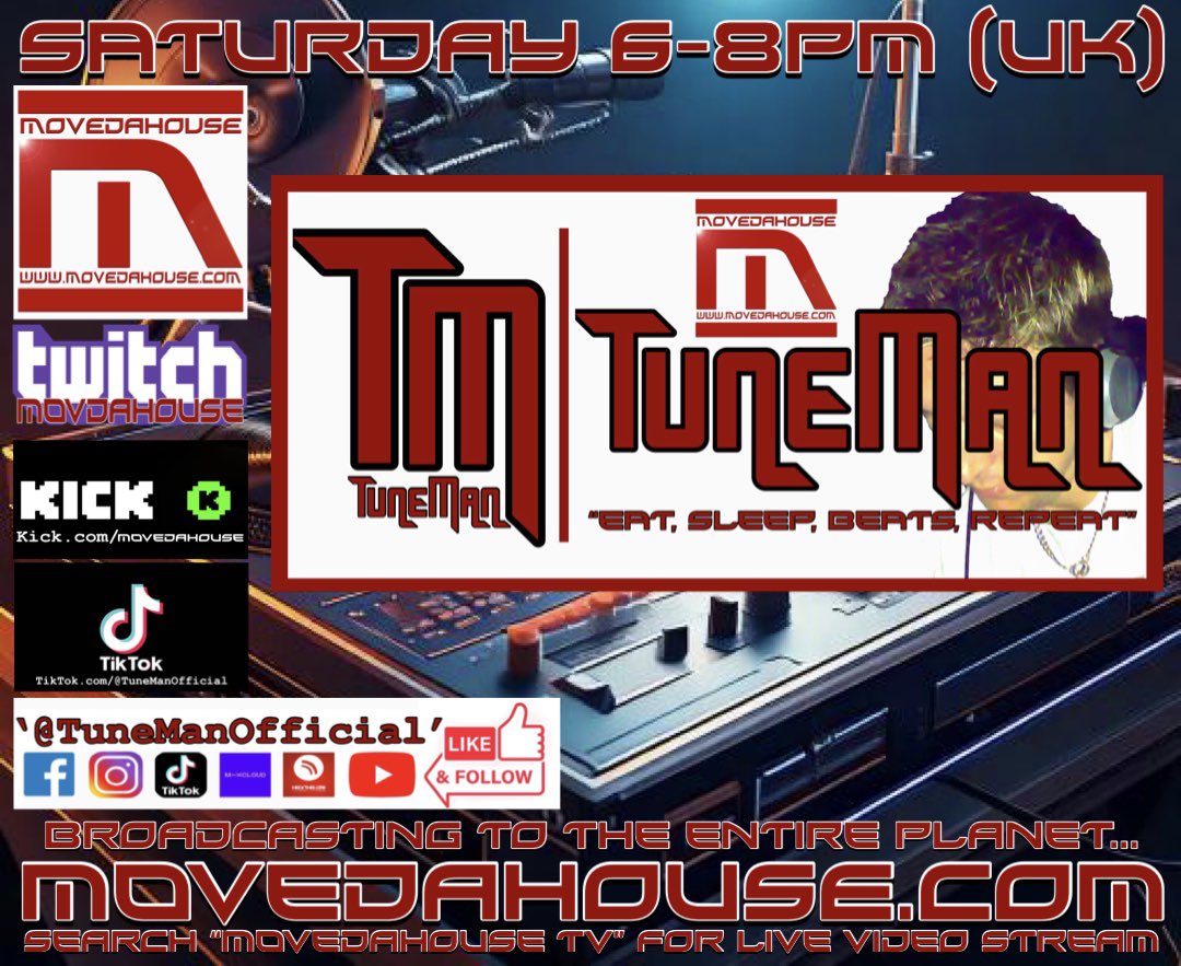 TunemanOfficial's tweet photo. Catch me live from 6pm (UK) on https://t.co/dR50z7udup, https://t.co/iaM9brbEr5, https://t.co/2cmn6Bcj3v &amp; https://t.co/jrsRiaaeMg

#TuneManOfficial
#TikTokLive 
#MoveDaHouseTV #PioneerDJMT1 #Technics1210Mk7 #RadioShow #LiveDJ #Techno #TechHouse #MacBookPro #UndergroundHouse https://t.co/qZoiyf0UmI