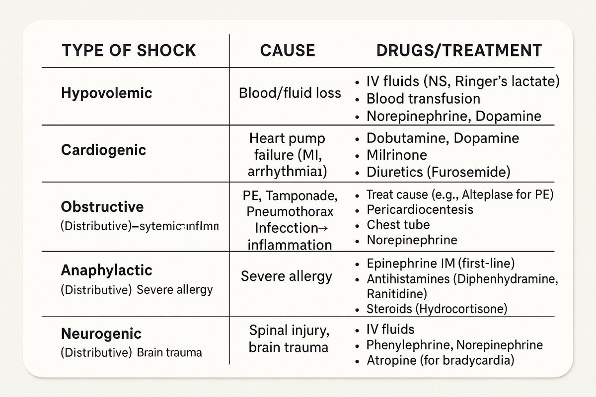 "Master the types of shock in one glance! Perfect quick review for med students and professionals. #MedTwitter #FOAMed #CriticalCare #EmergencyMedicine"