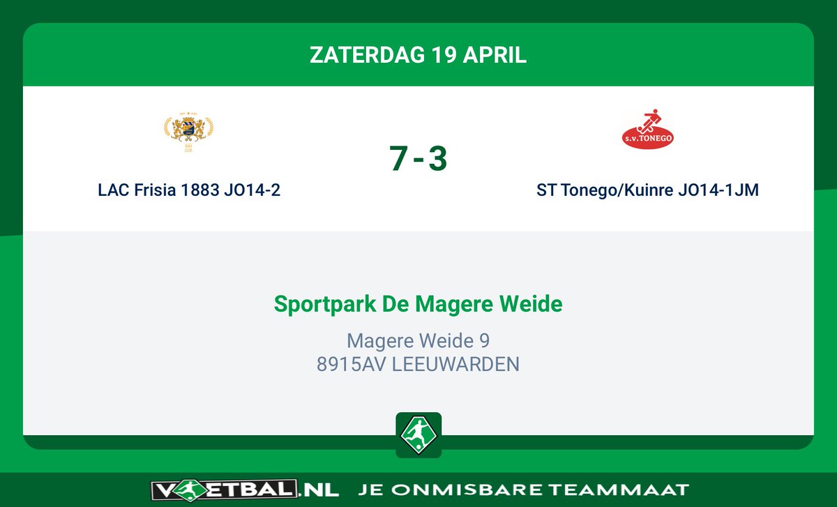 Frisia JO14-2 heeft door een ruime overwinning op Tonego/Kuinre JO14-1 de bekerfinale bereikt. Een knappe prestatie, gefeliciteerd! De finale zal gespeeld worden op zaterdag 31 mei, tegenstander wordt de winnaar van de wedstrijd Stadskanaal JO14-1 - Buitenpost JO14-1.