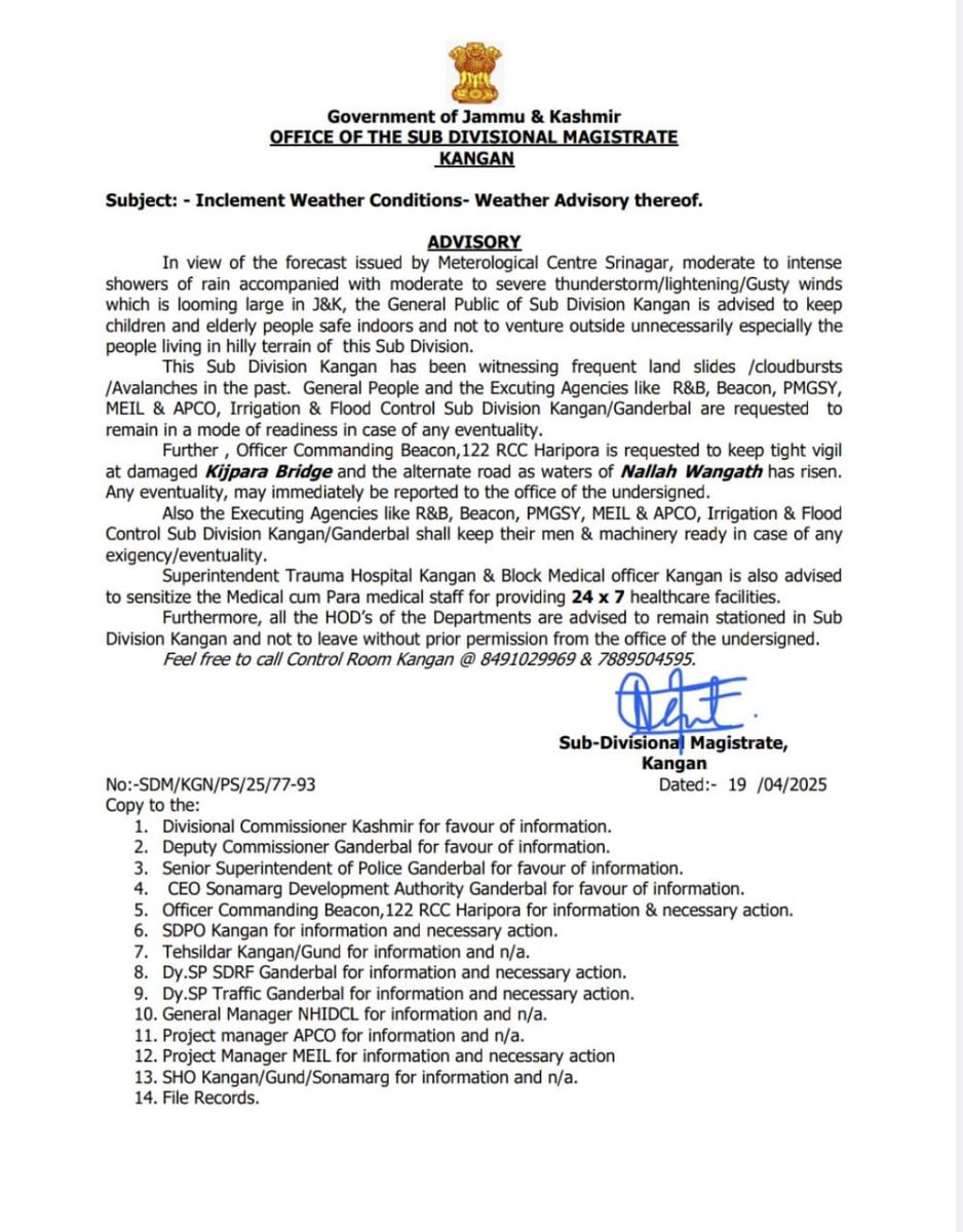 Weather advisory by sub divisional admin Kangan 
<a href="/GreaterKashmir/">Greater Kashmir</a>