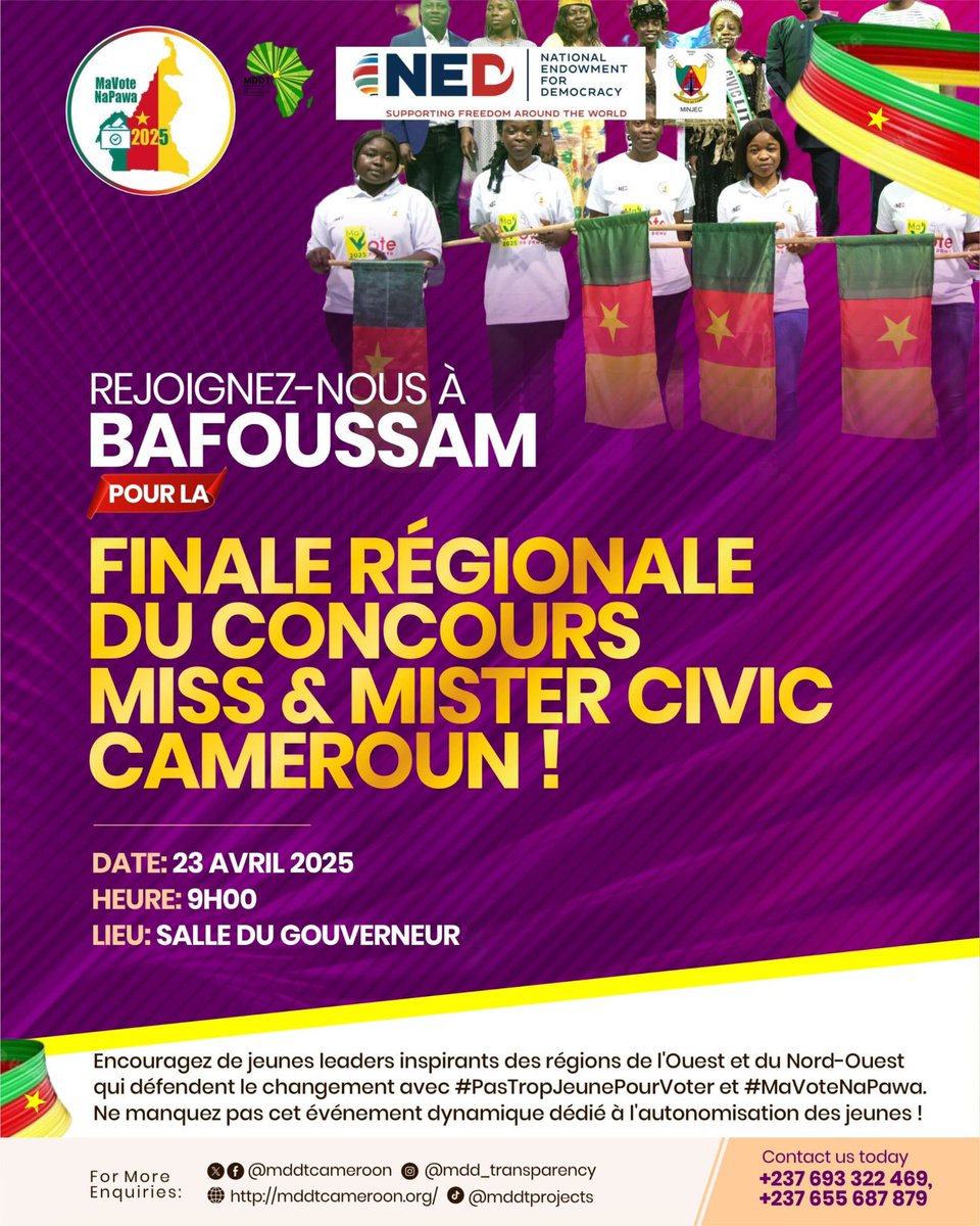 mddtcameroon's tweet photo. Regional Final Event Alert!
Don't miss the electrifying Miss & Mister Civic Cameroon regional final for the WEST and NORTHWEST on April 23, 2025, at Governor’s Hall, Bafoussam, starting 9:00 AM.
Celebrate dynamic young leaders championing #NotTooYoungToVote and #MaVoteNaPawa. https://t.co/NnMNoEC53L