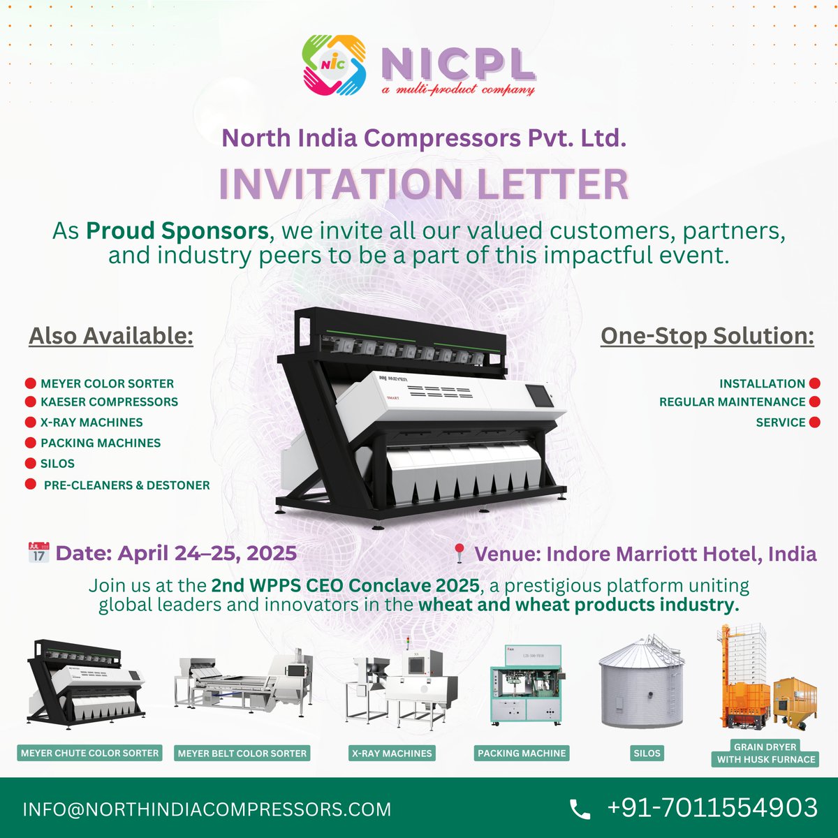N_I_C_P_L's tweet photo. 🌟 You're Invited! 🌟
We at North India Compressors Pvt. Ltd. are proud to be sponsors of the 2nd WPPS CEO Conclave 2025, happening at the Indore Marriott Hotel on April 24–25, 2025.

#NICPL #WPPS2025 #CEOConclave #IndoreEvents #FoodProcessing #WheatIndustry #ColorSorter #NIC https://t.co/blDx8yyHvR