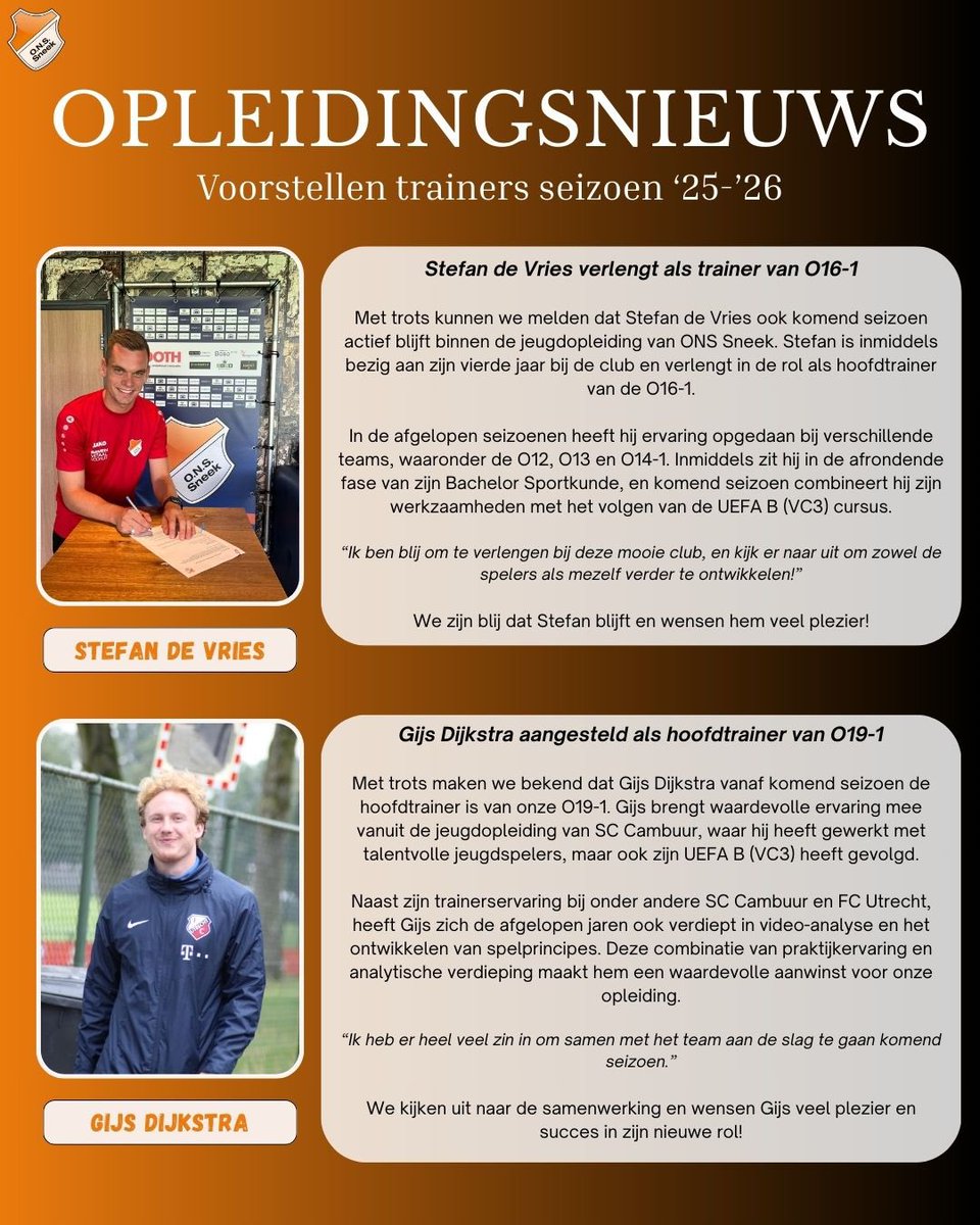 🔶 𝗡𝗶𝗲𝘂𝘄𝗲 𝗮𝗮𝗻𝘀𝘁𝗲𝗹𝗹𝗶𝗻𝗴𝗲𝗻 𝗶𝗻 𝗱𝗲 𝗷𝗲𝘂𝗴𝗱𝗼𝗽𝗹𝗲𝗶𝗱𝗶𝗻𝗴! 🔶
De eerste trainers voor het seizoen 2025/2026 zijn bekend! 👊

📄 Op onze website lees je het volledige overzicht van de aanstellingen! onssneek.nl/algemeen/nieuw…