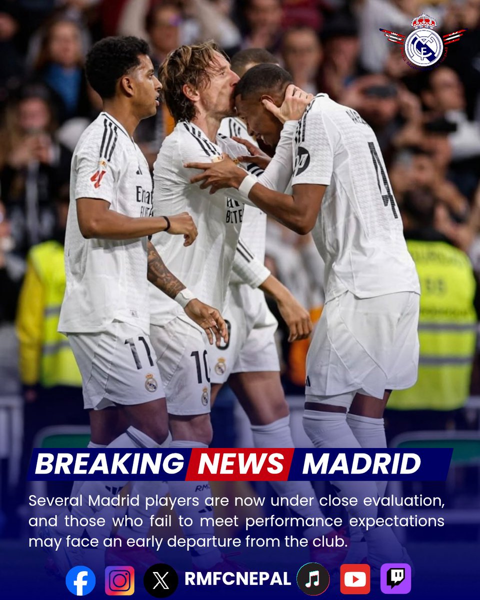RMFCNepal's tweet photo. 🚨 JUST IN: Marca indicates that a number of Real Madrid players are currently being closely monitored, with underperformance potentially leading to an early exit from the squad😬 https://t.co/fT8CzgTpWE