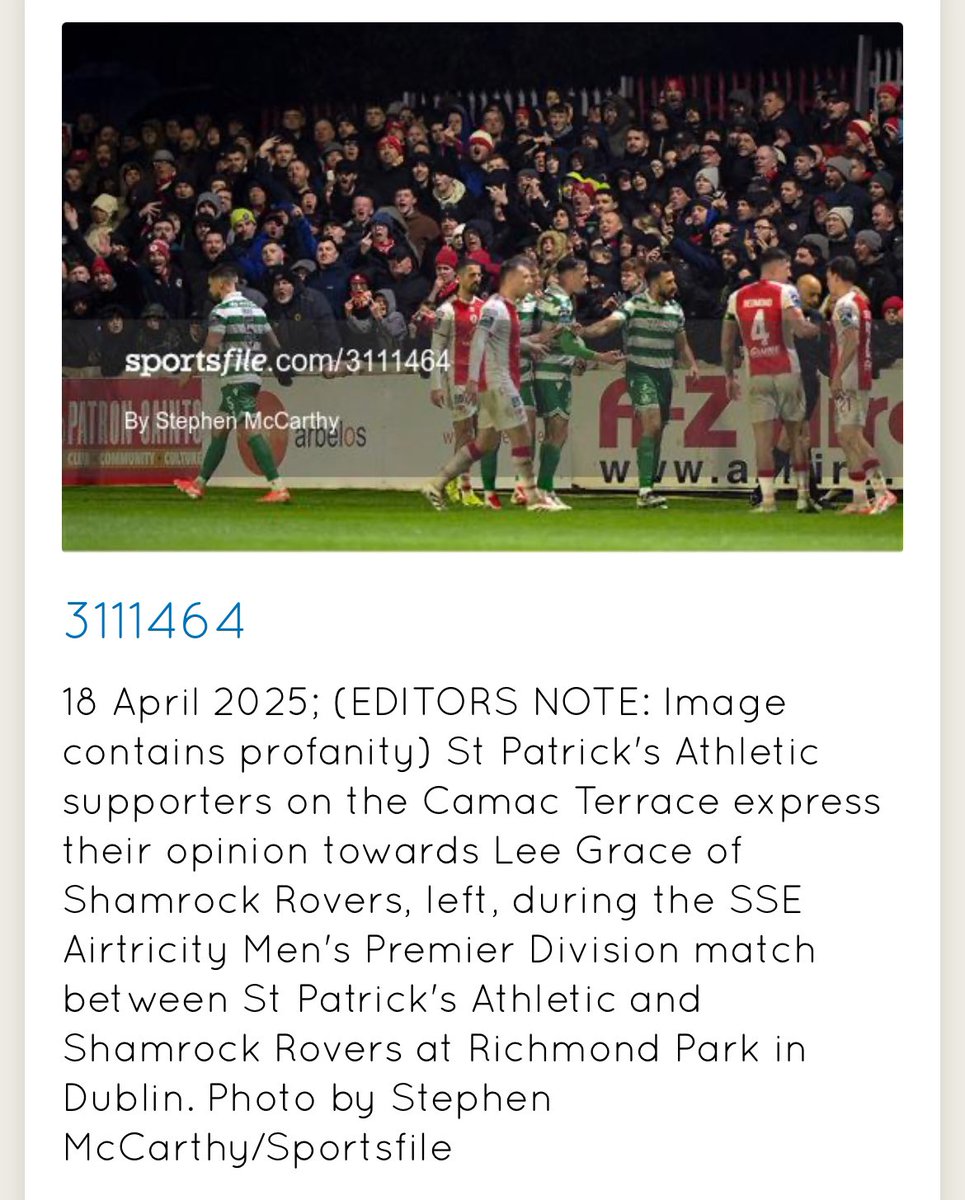 (EDITORS NOTE: Image contains profanity) St Patrick's Athletic supporters on the Camac Terrace express their opinion towards Lee Grace of Shamrock Rovers

😂