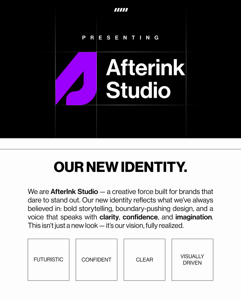 AfterinkStudio's tweet photo. From Unbounded Edits to AfterInk Studio — same soul, sharper vision.
What began as an edit house is now a full-fledged creative studio.
New name. New energy.
Let’s build bold. 🎥✨

#AfterInkStudio #Rebrand #CreativeAgency #Design https://t.co/wKQuFOPE22