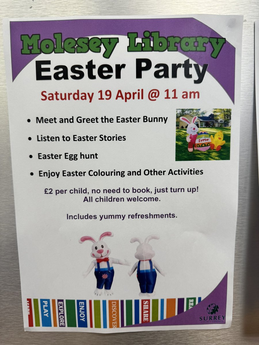 MoleseyLibrary's tweet image. Come and listen to Easter spring stories, meet the Easter Bunny, join in the Easter Egg Hunt and create some amazing chick’s nests at 11am in Molesey Library! 🐣🐰📚 @SurreyLibraries