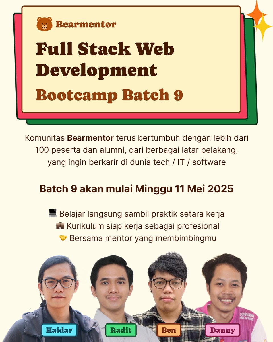 mhaidarhanif's tweet photo. 🔥 Batch 9 di 🐻Bearmentor: Full Stack Web Development Online Bootcamp akan segera mulai

🧑‍🏫👨‍💻👨‍🏫🧑‍💻 Bersama para mentor: M Haidar Hanif, Raditya Dwisatrio Santoso, Danny Dwi Cahyono, Ben Nata https://t.co/mVeTIe1lXM