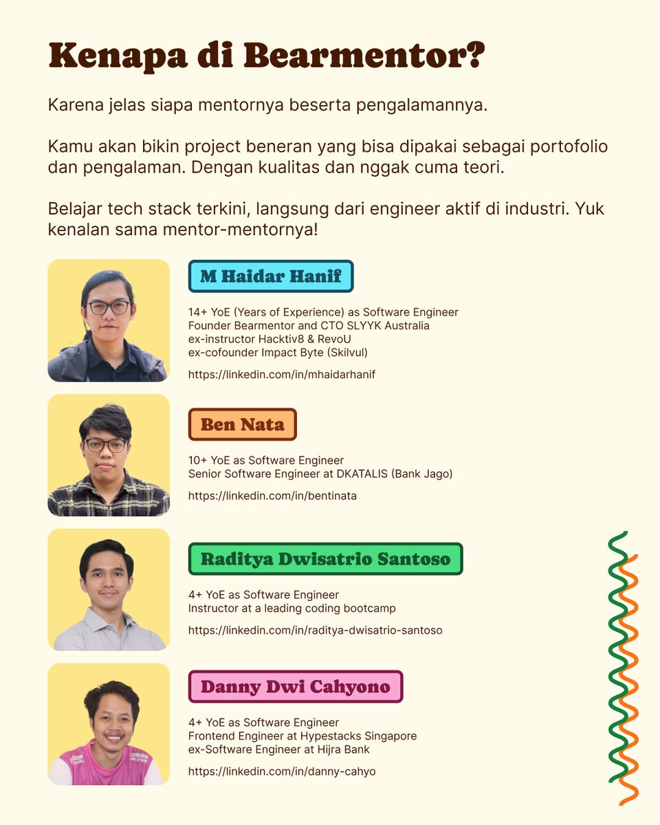 mhaidarhanif's tweet photo. 🔥 Batch 9 di 🐻Bearmentor: Full Stack Web Development Online Bootcamp akan segera mulai

🧑‍🏫👨‍💻👨‍🏫🧑‍💻 Bersama para mentor: M Haidar Hanif, Raditya Dwisatrio Santoso, Danny Dwi Cahyono, Ben Nata https://t.co/mVeTIe1lXM