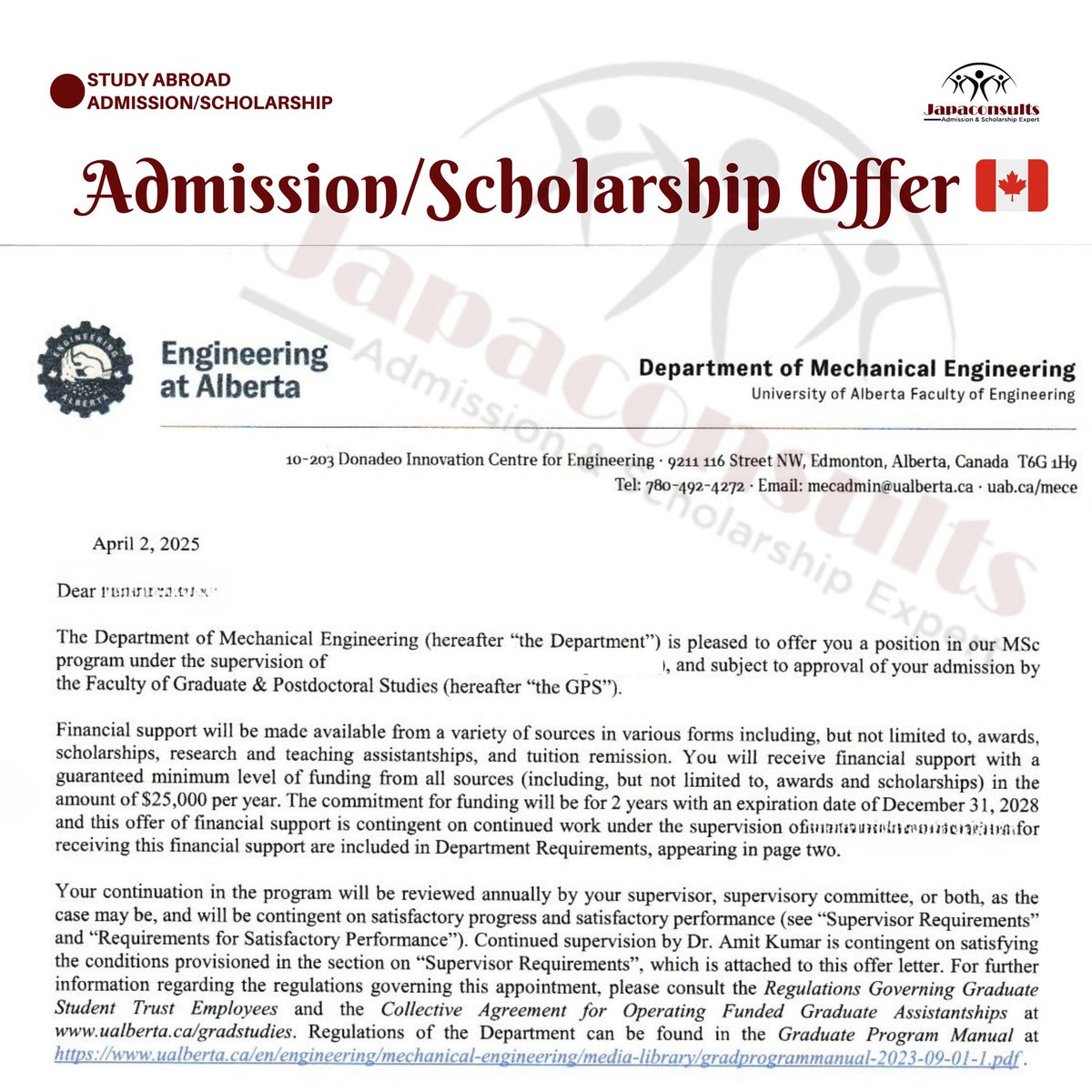 Good morning, universe.

I bring you good news from Canada 🇨🇦. 

🎊🎊🎊🎊
ADMISSION AND SCHOLARSHIP OFFER LETTER to study for a Master's degree in the Department of Mechanical Engineering at  UNIVERSITY OF ALBERTA, CANADA  🇨🇦. 

Follow us on all our official platforms and reach