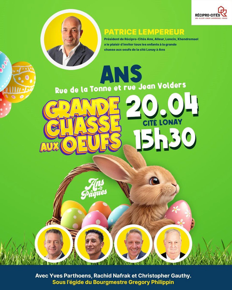ChristopherGau8's tweet photo. 📣 Chasse aux œufs dans les Cités Lonay et Champ d’Aviation ! 🥚🐣

🗓️ Date : Dimanche 20 avril 2025
🕒 Heure : 15h30 précise 
📍 Lieu : Pelouse - Angle de s rues de la Tonne et de l’Avenue Henri Lonay à Ans. 

Au plaisir de vous voir nombreux ! 🥚🐣 ✨ https://t.co/eAFG99lzEA