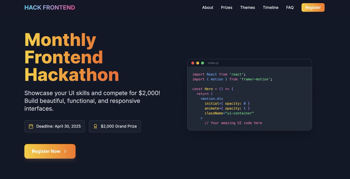 AiVideoTo's tweet photo. Participate in HACK FRONTEND to win $2000.

Submission Deadline: April 30, 2025

Showcase your UI skills and compete for $2,000! Build beautiful, functional, and responsive interfaces.

Details below 👇🏻 https://t.co/2IdUEzt5Sh