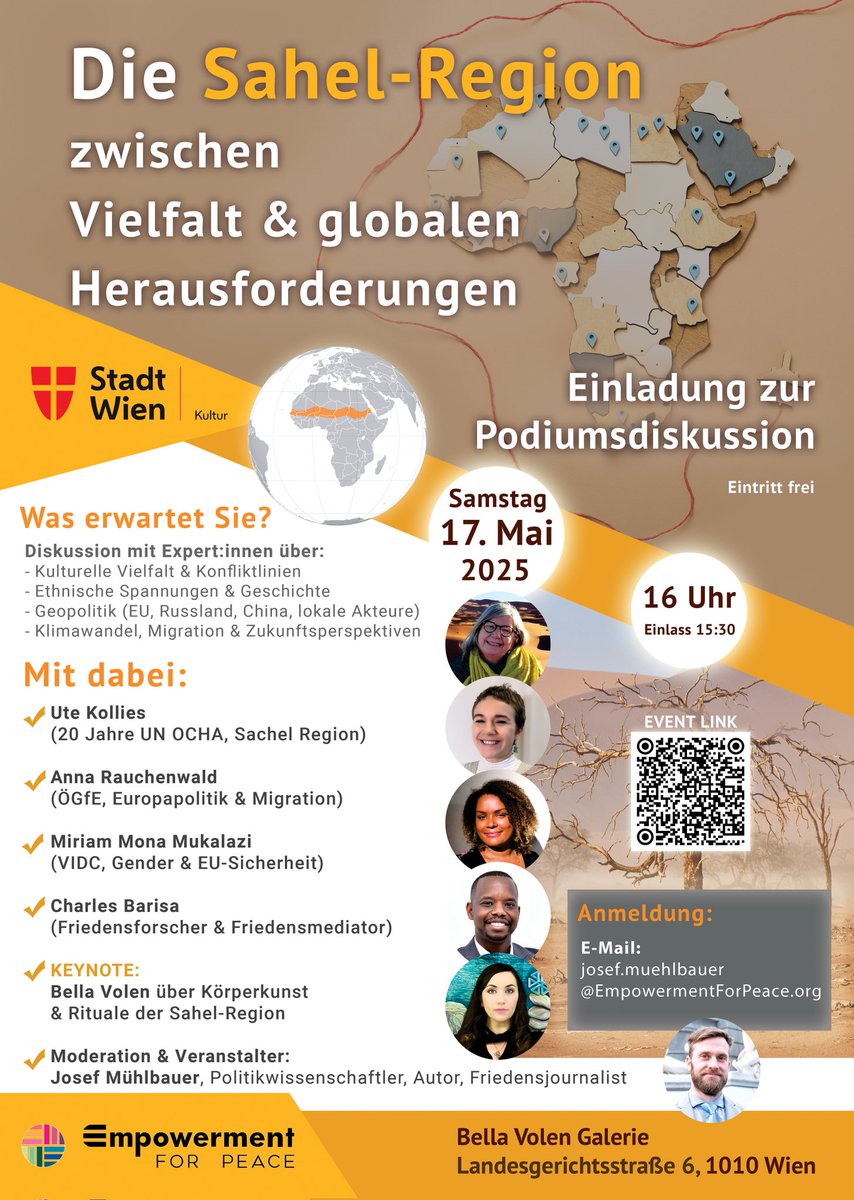 Josef Muehlbauer (@josefmuehlbauer) on Twitter photo Podiumsdiskussion! 17.5 um 16:00 Galerie Bella Volen, Landesgerichtsstraße 6, 1010 Wien. Seid live dabei und diskutiert mit!
Ute Kollies, Bella Volen,
<a href="/MiriamMonaMu/">Miriam Mona Mukalazi (she/her)</a> &
<a href="/BalisaCharles/">Charles BARISA, M.A</a> sprechen über die politische Lage, über kulturelle und gesellschaftliche Aspekte der Sahel Podiumsdiskussion! 17.5 um 16:00 Galerie Bella Volen, Landesgerichtsstraße 6, 1010 Wien. Seid live dabei und diskutiert mit!
Ute Kollies, Bella Volen,
<a href="/MiriamMonaMu/">Miriam Mona Mukalazi (she/her)</a> &
<a href="/BalisaCharles/">Charles BARISA, M.A</a> sprechen über die politische Lage, über kulturelle und gesellschaftliche Aspekte der Sahel