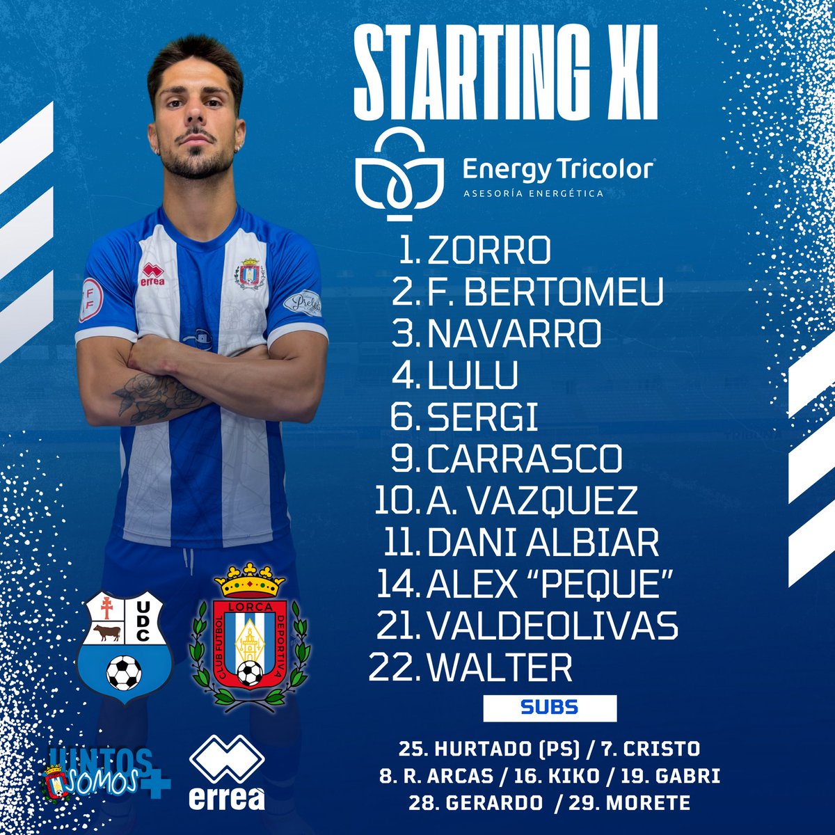 LorcaDptv_EN's tweet photo. STARTING XI |

📋 ¡𝗦𝘁𝗮𝗿𝘁𝗶𝗻𝗴 𝗫𝗜 𝙀𝙉𝙀𝙍𝙂𝙔 𝙏𝙍𝙄𝘾𝙊𝙇𝙊𝙍 🆚 @CaravacaUd !

#CaravacaLorcaDeportiva 
#TogetherWeAreMore https://t.co/lu0yoUGOQx