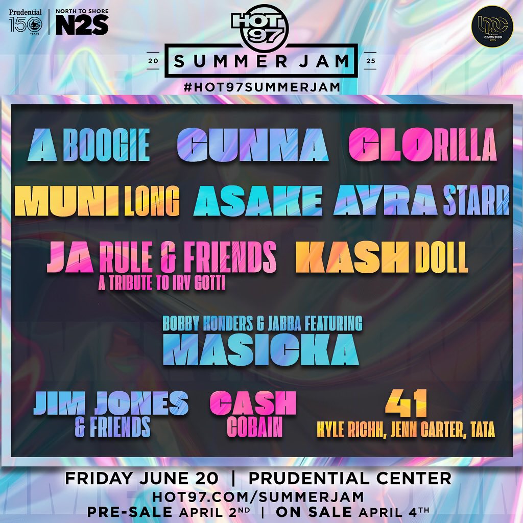 We BACK outside!!!!
THE OFFICIAL SUMMER JAM
2025 LINEUP IS HERE!
A Boogie / Gunna
Glorilla
Muni Long
Asake
/ Ayra Starr
Ja Rule and Friends - A Tribute to Irv
Gotti
Kash Doll
Etc.
You already know it's about to be a MOVIE! #summerjam2025 #hot97 #musicfestival