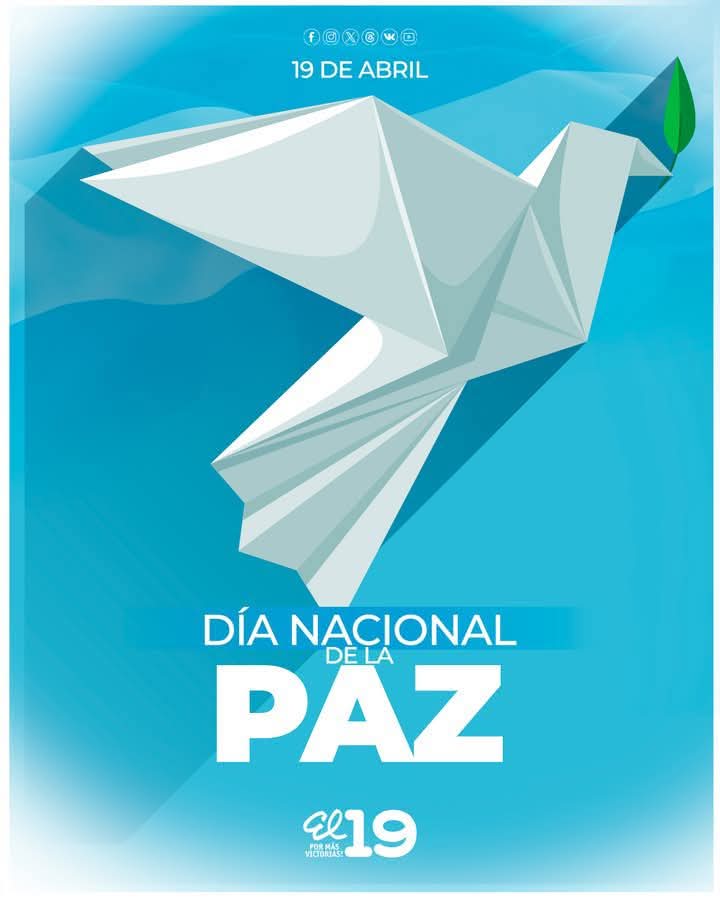 ❗Día Nacional de la Paz – 19 de Abril  
🕊️ Desde lo más profundo de nuestro espíritu surge un mensaje eterno: luz, vida, verdad y amor por Nicaragua.  
Porque un pueblo unido jamás será vencido, y con su fuerza, edifica un futuro de esperanza y armonía.  
#Nicaragua
