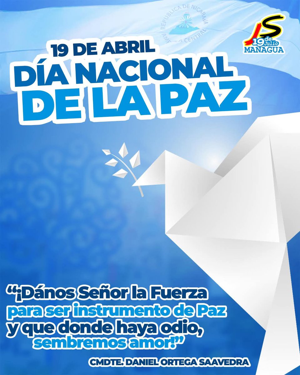 #Nicaragua 
"Día Nacional de la Paz" 

👉🏼Seguimos avanzando en unidad y disfrutando de la alegría de 
vivir en Paz. ✊🏼🇳🇮🕊
#AbrilPuebloQueDefiendeLaPaz
#NicaraguaEnRevolución