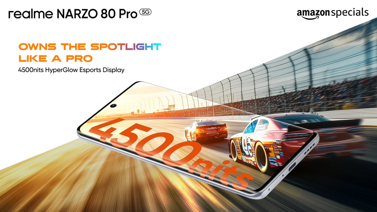 Ready to Shine?
The 4500-nits HyperGlow Esports display in #realmeNARZO80Pro5G delivers a truly immersive racing experience, with vibrant colors and smooth motion making you feel like you're always #ReadyToWin under any spotlight.

Starting at ₹17,999*
Buy Now: