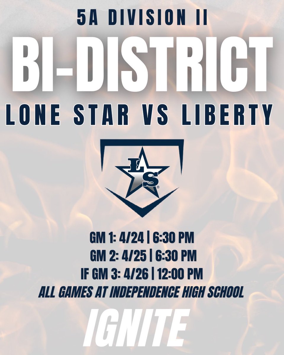 𝐁𝐢-𝐃𝐢𝐬𝐭𝐫𝐢𝐜𝐭 𝐑𝐨𝐮𝐧𝐝 𝐈𝐧𝐟𝐨

Lone Star vs Liberty (best of 3 series)

Thursday 6:30pm 
Friday 6:30pm 
Saturday 12:00pm
All games at Independence HS 

#IGNITE | #SDLUP