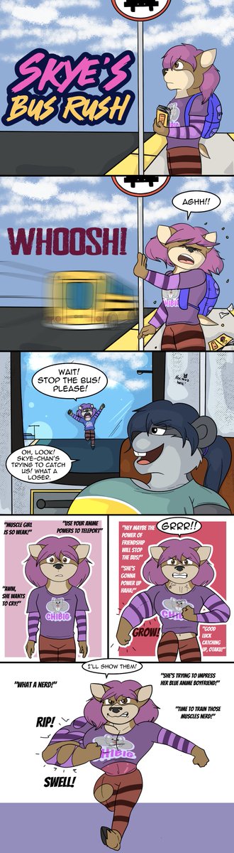 Skye's Bus Rush Pg. 1-3

At last, the first page of Skye's muscle growth comic is here.  Skye chases after the bus in yet another daily life challenge.