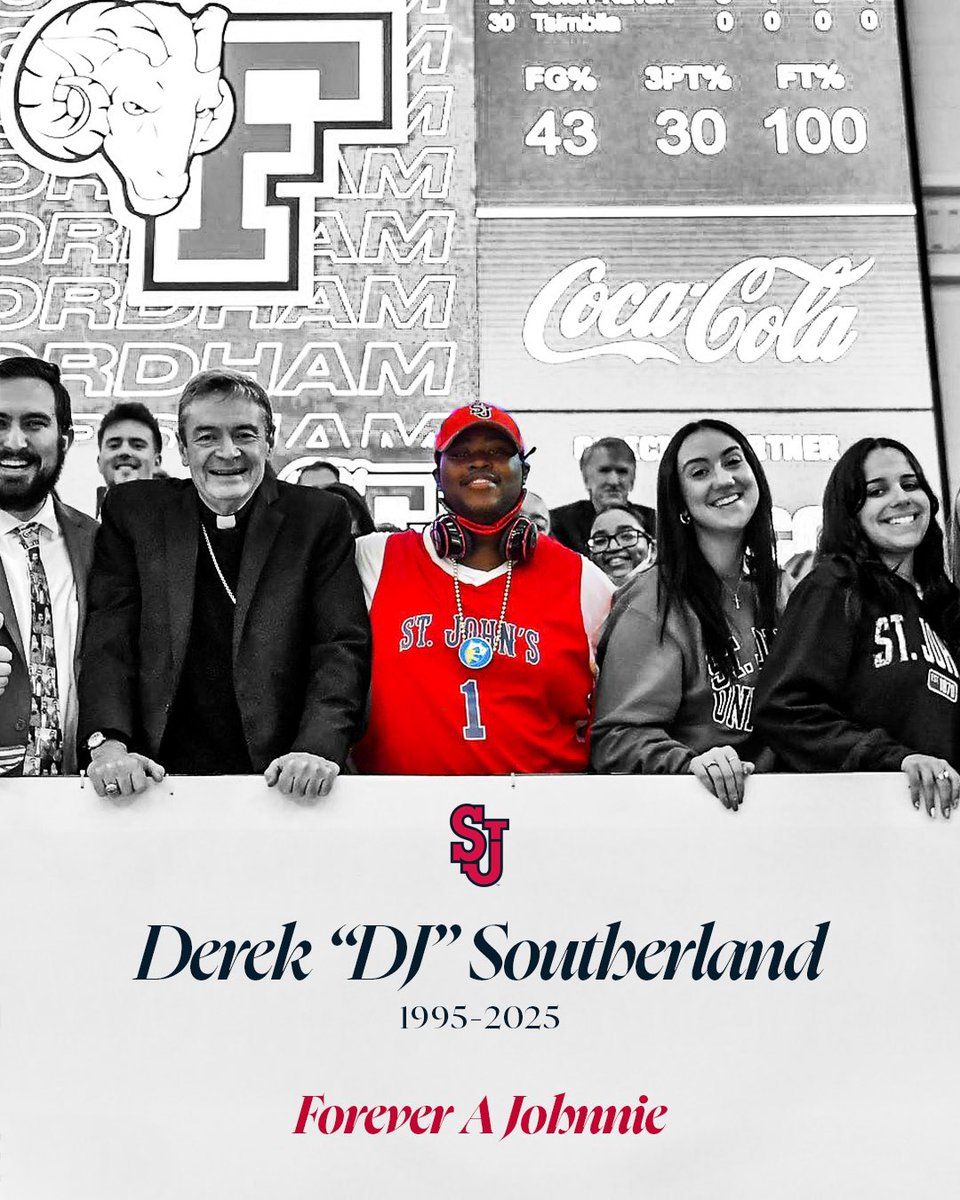 StJohnsRedStorm's tweet photo. St. John's Athletics is devastated to hear of the passing of Derek "DJ" Southerland. A double alumnus of St. John's, member of the SJU-TV Production team and devoted fan of all Red Storm athletic programs DJ was a fixture at all Johnnies home games. He brought a contagious energy and spirit to the crowd at every game he attended and always carried a bright smile. ❤️

St. John's games won't be the same without DJ, may he rest in peace. 

Details on a tribute to follow.