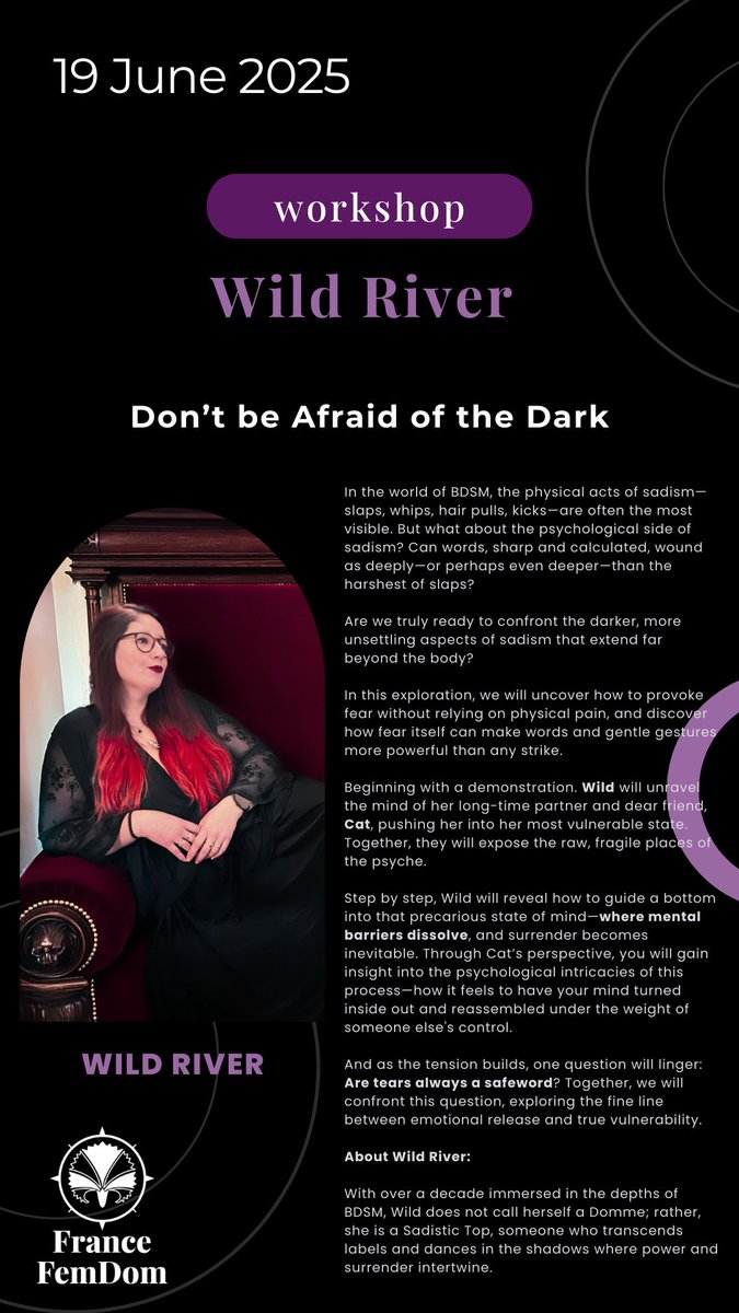 Join Wild River for a workshop on psychological sadism on June 19. 
FranceFemDom.com
