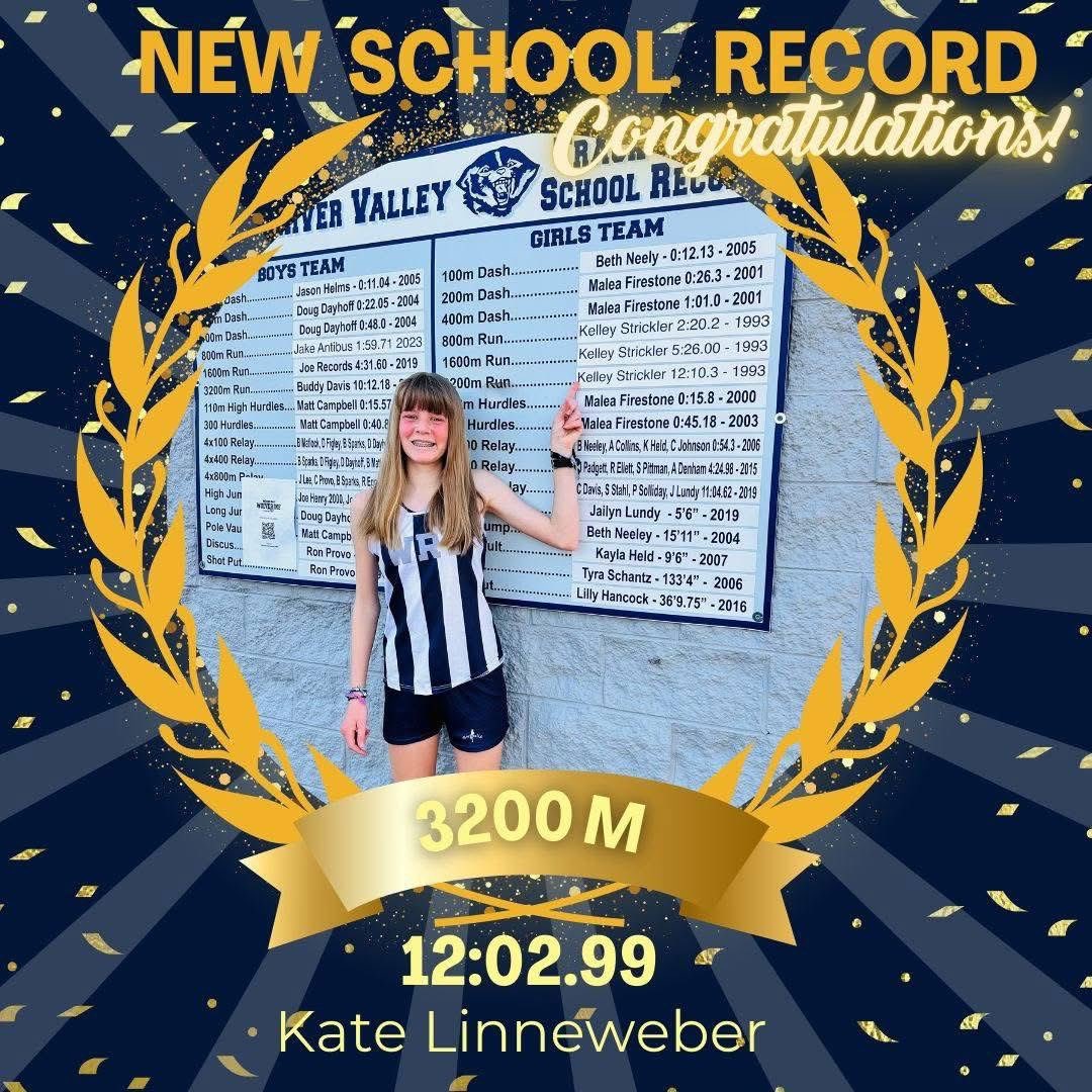 Congratulations to Freshman Kate Linneweber for setting a new school record in the 3200m at our home meet on Wednesday against Cloverdale. Kate broke her aunts record that had stood for 32 years. Congratulations, Kate! <a href="/WRVwolverines/">White River Valley</a> <a href="/cc_southwest/">Southwest IN Track & CC</a>