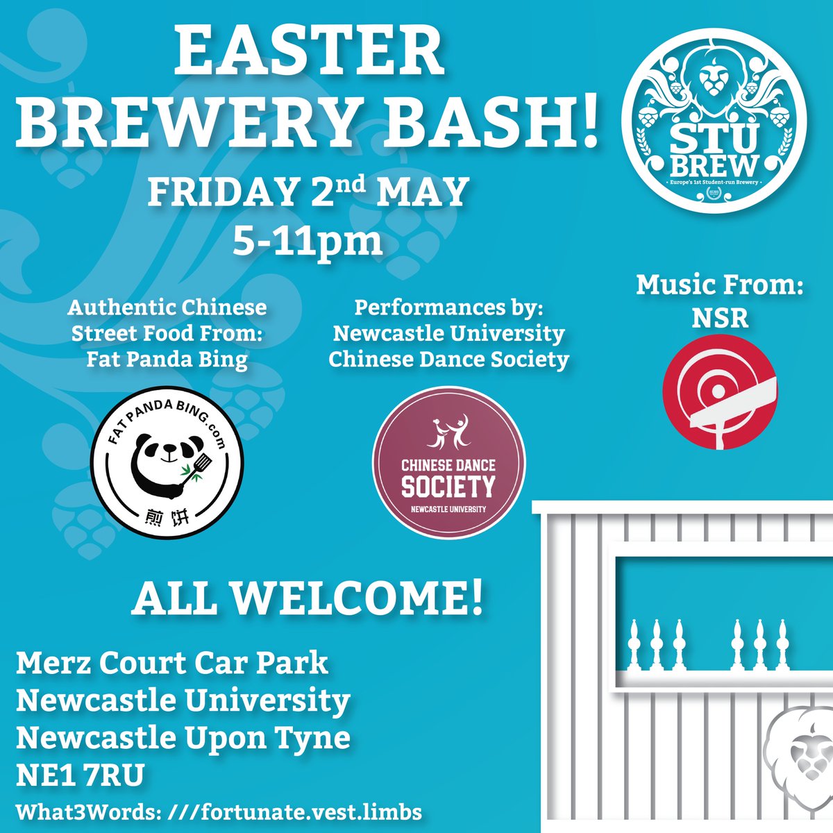 StuBrewNCL's tweet image. Our next bash is on Friday 2nd May at Merz Court Carpark
We will have NSR providing the music, with performances by the Chinese Dance Society and authentic Chinese street food from Fat Panda Bing 🐼
All alongside a great line-up of beer, we hope to see you there! 🍻