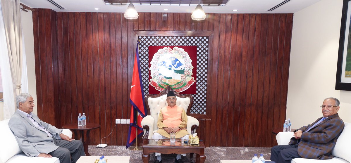 K P Sharma Oli (@kpsharmaoli) on Twitter photo Held important talks with former PMs <a href="/SherBDeuba/">Sher Bahadur Deuba</a> & <a href="/cmprachanda/">☭ Comrade Prachanda</a> on safeguarding the constitution and current political system. Agreed on the need for unity to protect our inclusive republic and maintain peace. Committed to prioritising transitional justice moving forward. Held important talks with former PMs <a href="/SherBDeuba/">Sher Bahadur Deuba</a> & <a href="/cmprachanda/">☭ Comrade Prachanda</a> on safeguarding the constitution and current political system. Agreed on the need for unity to protect our inclusive republic and maintain peace. Committed to prioritising transitional justice moving forward.