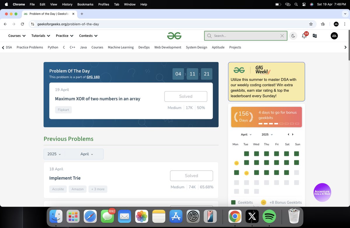 Bhavin0325's tweet photo. HELLO FOLKS!! 

160 Days of Problem Solving - Your Ultimate Interview Preparation Journey!

Day-156 : 
Topic : Graph
Solved problem : Maximum XOR of two numbers in an array

@geeksforgeeks 

#gfg160 #geekstreak2024 #POTDwithGFG #DSA #ProblemSolving https://t.co/ztLIDVEtiX