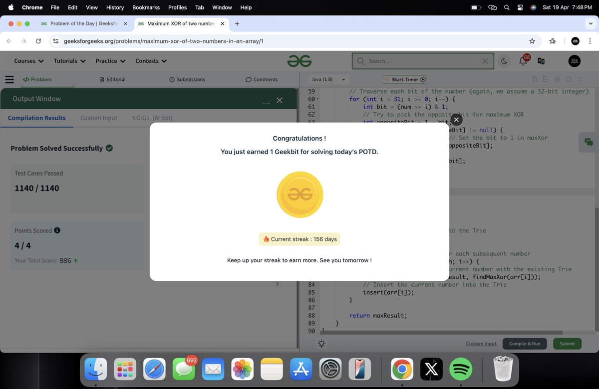 Bhavin0325's tweet photo. HELLO FOLKS!! 

160 Days of Problem Solving - Your Ultimate Interview Preparation Journey!

Day-156 : 
Topic : Graph
Solved problem : Maximum XOR of two numbers in an array

@geeksforgeeks 

#gfg160 #geekstreak2024 #POTDwithGFG #DSA #ProblemSolving https://t.co/ztLIDVEtiX