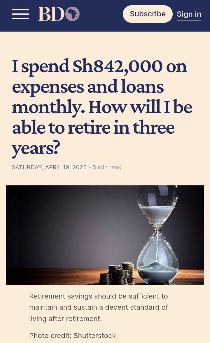 cheruiyotkb's tweet photo. Sam has Ksh 90M in assets largely funded from loans on his net salary and business income that total Ksh 1,080,000 monthly. Can he retire in 3 years at age 50?

Today in the @BD_Africa

Image Thread 👇 

1-2 of 12 https://t.co/3HUpLfpbCg