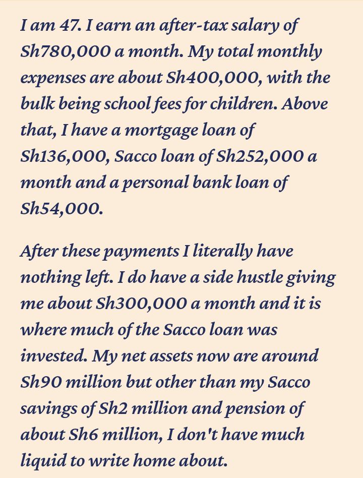 cheruiyotkb's tweet photo. Sam has Ksh 90M in assets largely funded from loans on his net salary and business income that total Ksh 1,080,000 monthly. Can he retire in 3 years at age 50?

Today in the @BD_Africa

Image Thread 👇 

1-2 of 12 https://t.co/3HUpLfpbCg