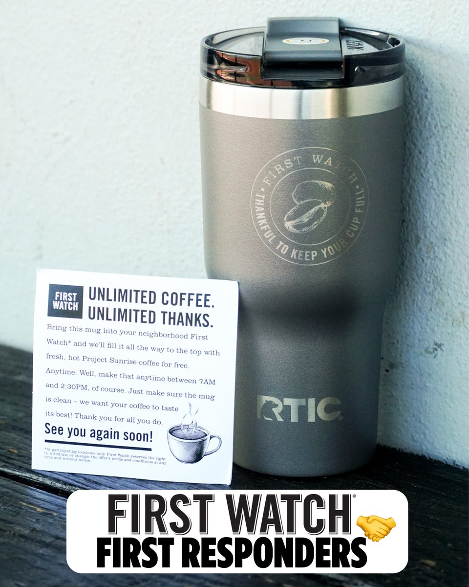 UCF_FanX's tweet image. At @UCF_Softball today, first responders can pick up a free First Watch tumbler while supplies last!
Then bring it to any participating First Watch and get a complimentary fill of hot or iced coffee! ☕️